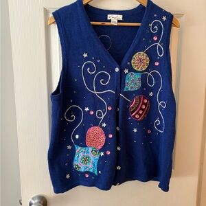 Kim Rogers vintage knit Christmas vest blue pastel ornament size large